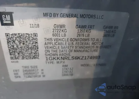 2019 GMC Acadia Sle-1 z USA, uszkodzony, nr VIN 1GKKNRLS6KZ174993